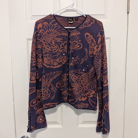 CoVelo Cardigan Large Sweater Art Silk Blend Purple Orange Animal Nature Buttons - Picture 1 of 9